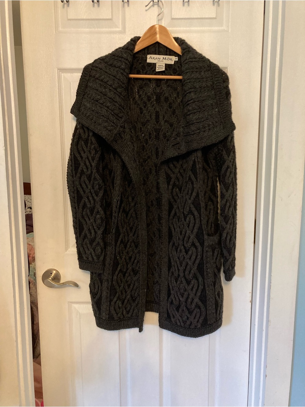 Aran Mor Ireland Charcoal Cable-Knit Open Front Cardigan Merino Wool